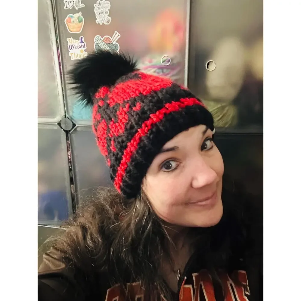 Goth Hearts Hand Knit Beanie: Chunky Valentine's Hat with Faux Fur Pom